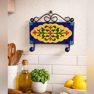 Hand Painted Pottery Tile Metal Wall Hook Artisan Indian